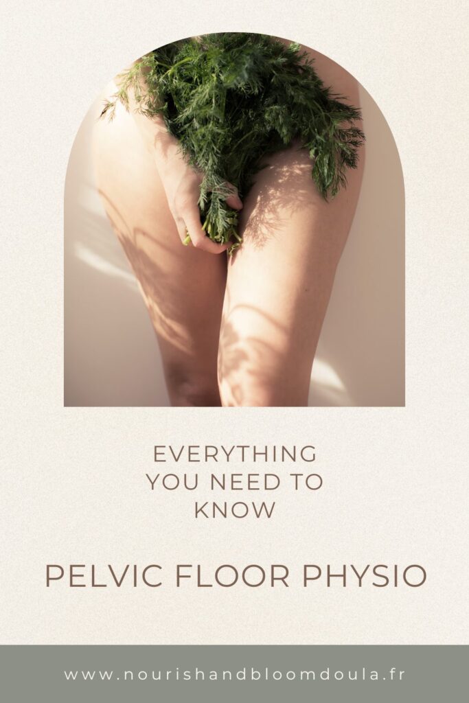 Everything you need to know about Pelvic floor physiotherapy. The image is of a woman holding a large bunch of foliage in front of her pelvic area.